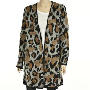 APT. 9 Women's Open Front BLACK & TAN LEOPARD Print LONG CARDIGAN SWEATER